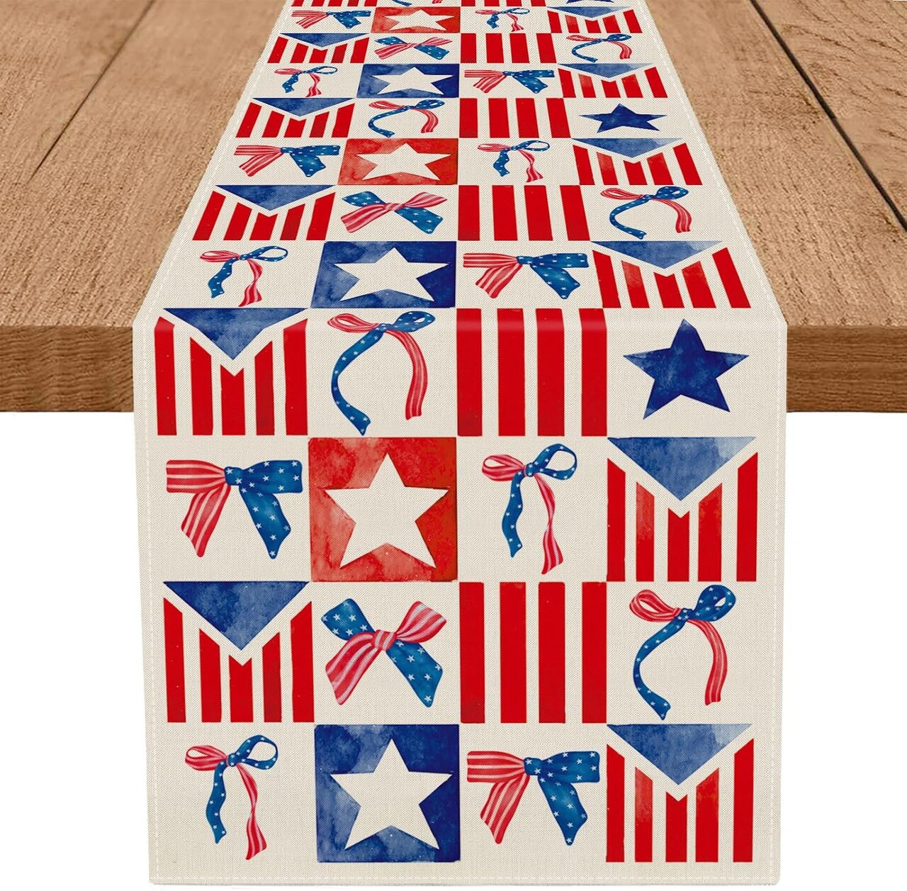 4th of July Table Runner Bowknot Stars Plaid 13x72 Inch Memorial Day Independence Day Patriotic Kitchen Table Decoration for Home